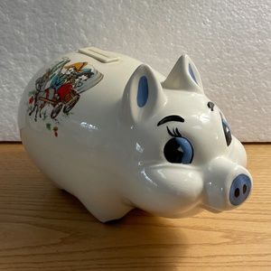 Vintage Rob Roy Piggy Bank Western Covered Wagon Decoration Blue Eyes 10.5” Rare